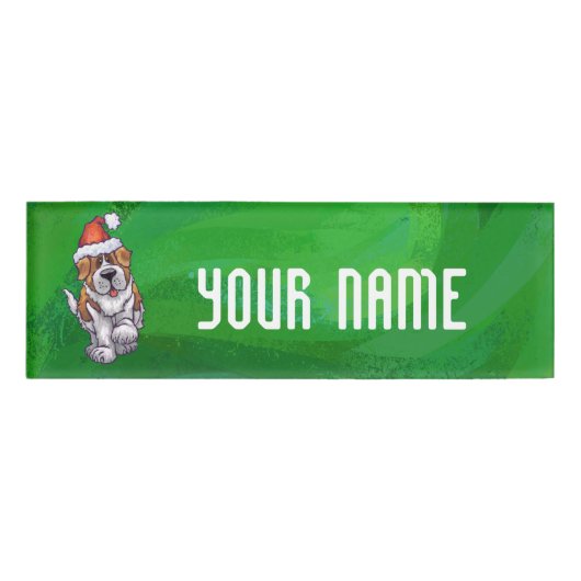 Cute St. Bernard in Santa Hat op Green Naambadge (Voorkant)