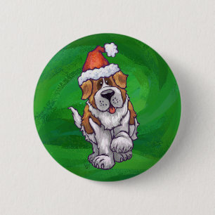 Cute St. Bernard in Santa Hat op Green Ronde Button 5,7 Cm
