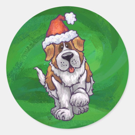 Cute St. Bernard in Santa Hat op Green Ronde Sticker (Voorkant)