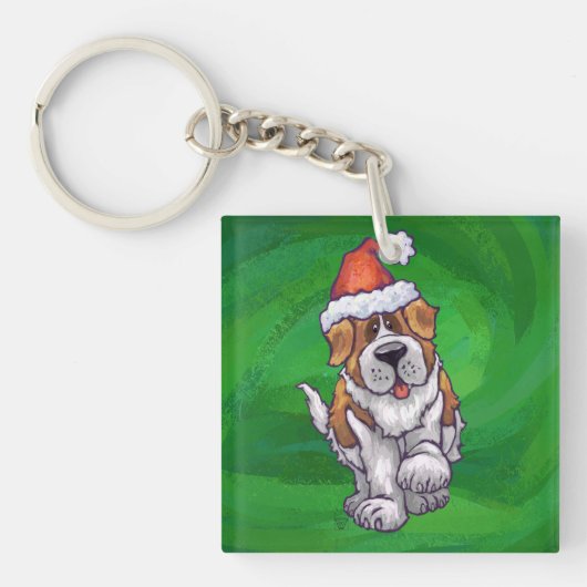 Cute St. Bernard in Santa Hat op Green Sleutelhanger (Voorkant)