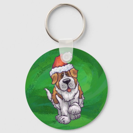Cute St. Bernard in Santa Hat op Green Sleutelhanger (Voorkant)