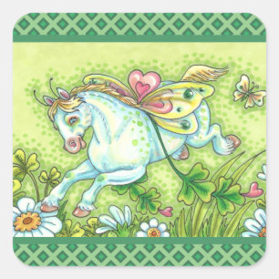 CUTE ST. PATRICK'S DAG DIE IRISH PONY VLIEGT, VRIJ VIERKANTE STICKER