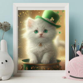 Cute St Patricks Day Cat Pot of Gold Art Poster