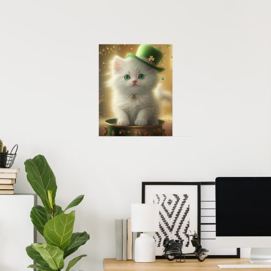 Cute St Patricks Day Cat Pot of Gold Art Poster (Thuiskantoor)