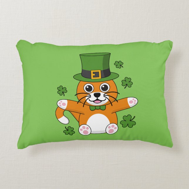 Cute St Patrick's Day Cat with Shamrocks Cartoon Accent Kussen (Voorkant)