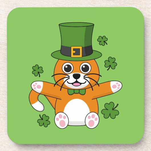 Cute St Patrick's Day Cat with Shamrocks Cartoon Bier Onderzetter (Voorkant)