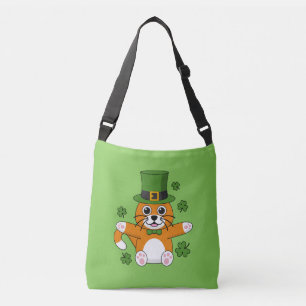 Cute St Patrick's Day Cat with Shamrocks Cartoon Crossbody Tas
