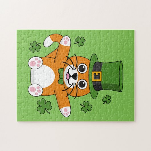 Cute St Patrick's Day Cat with Shamrocks Cartoon Legpuzzel (Horizontaal)