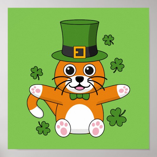 Cute St Patrick's Day Cat with Shamrocks Cartoon Poster (Voorkant)