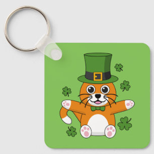 Cute St Patrick's Day Cat with Shamrocks Cartoon Sleutelhanger