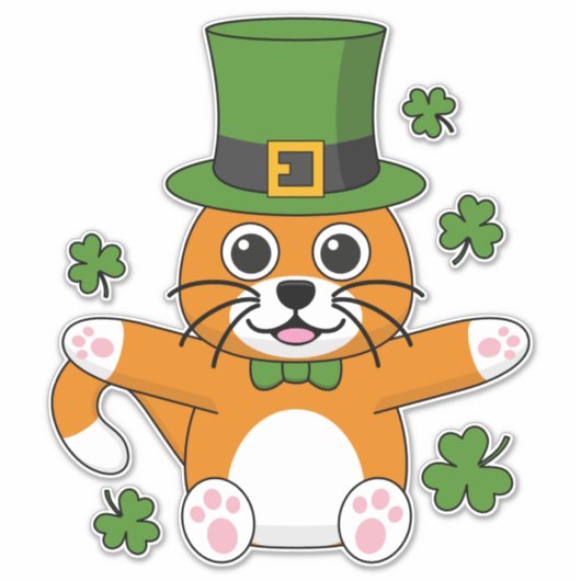 Cute St Patrick's Day Cat with Shamrocks Cartoon Sticker (Voorkant)