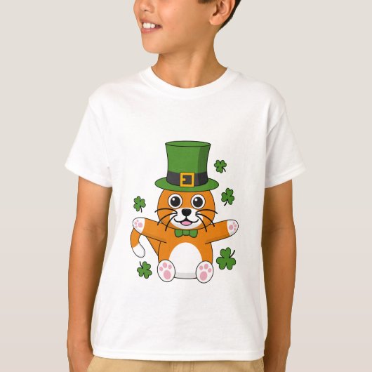 Cute St Patrick's Day Cat with Shamrocks Cartoon T-shirt (Voorkant)