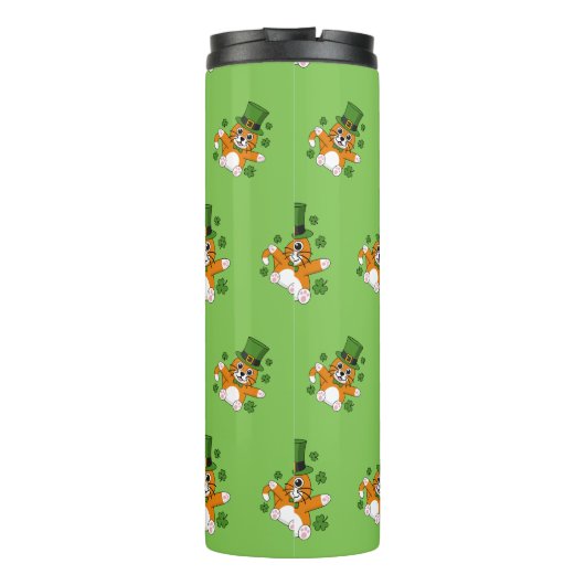 Cute St Patrick's Day Cat with Shamrocks Cartoon Thermosbeker (Achterkant)