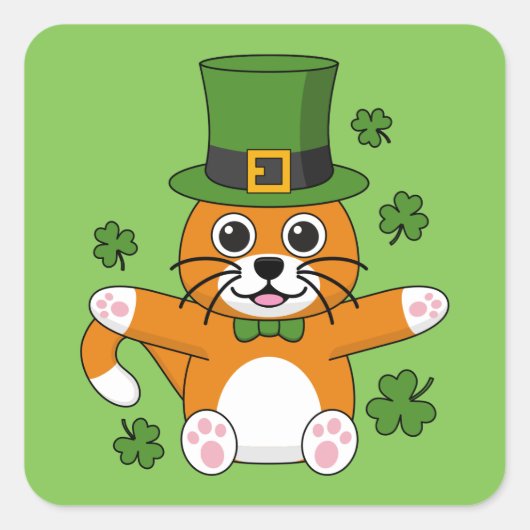 Cute St Patrick's Day Cat with Shamrocks Cartoon Vierkante Sticker (Voorkant)