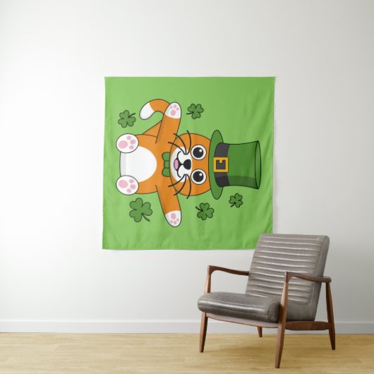 Cute St Patrick's Day Cat with Shamrocks Cartoon Wandkleed (In Situ (horizontaal))