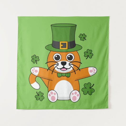Cute St Patrick's Day Cat with Shamrocks Cartoon Wandkleed (Voorkant)
