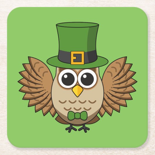Cute St Patrick's Day Owl Cartoon Kartonnen Onderzetters (Voorkant)