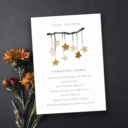 Cute Star Mobile Neutral Yellow Baby shower Invite Bedankkaart