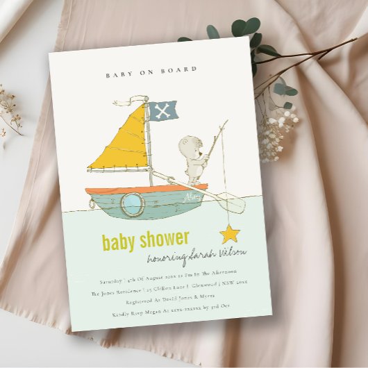 Cute Star Teddy Bear Sailboat Baby shower Invite Bedankkaart