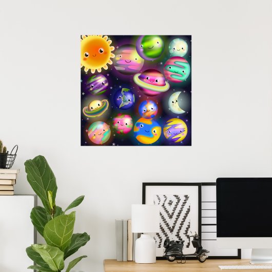 Cute Starry Cosmic Buitenspace Planets Poster (Thuiskantoor)