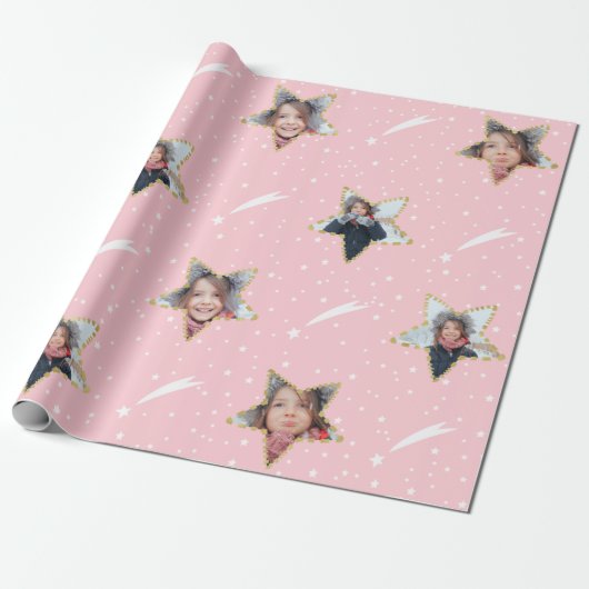Cute Starry Pattern Uw eigen foto Kerstmis Cadeaupapier (Uitgerold)