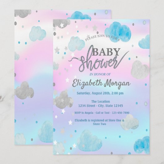 Cute Stars & Clouds Holographic Baby shower Kaart (Voorkant / Achterkant)