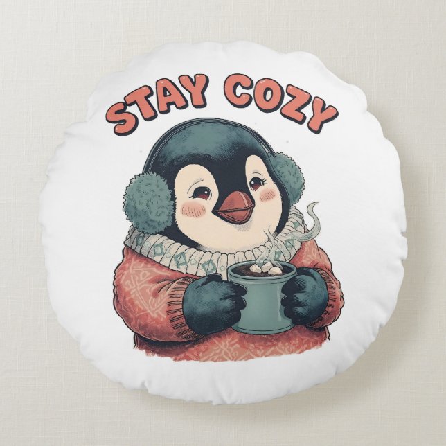 Cute Stay Cozy Penguin Drinking Hot Cocoa Hat Rond Kussen (Voorkant)