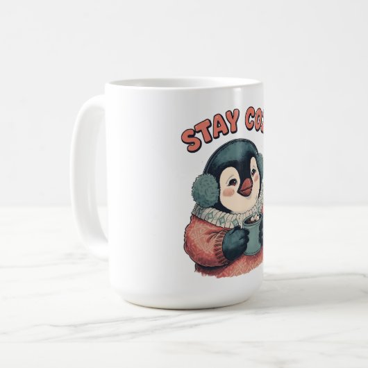 Cute Stay Cozy Penguin Drinking Hot Cocoa T-Shirt Koffiemok (Voorkant links)