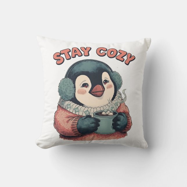 Cute Stay Cozy Penguin Drinking Hot Cocoa T-Shirt Kussen (Voorkant)