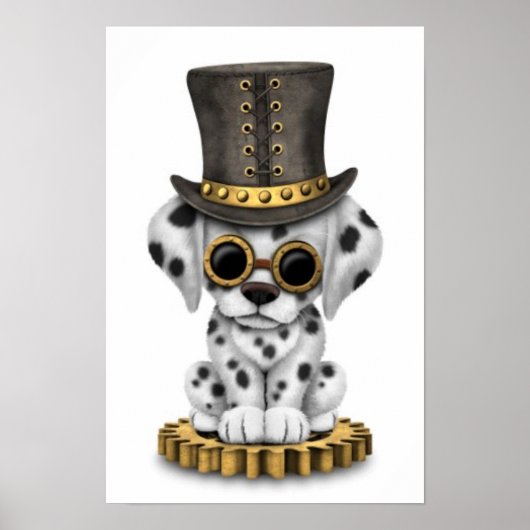 Cute Steampunk Dalmatian Puppy Dog, wit Poster (Voorkant)