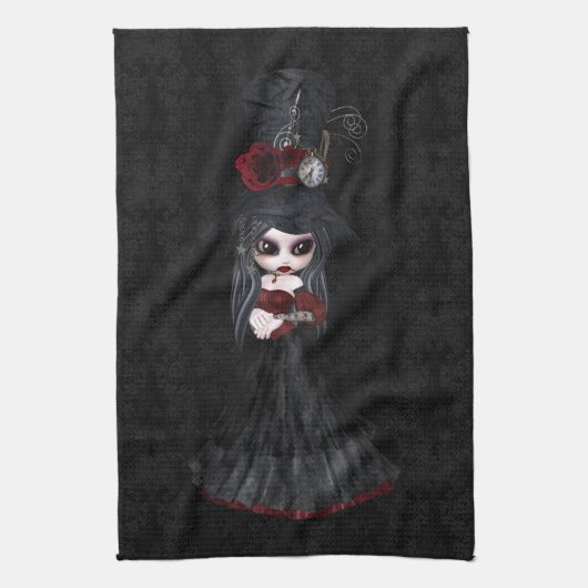 Cute Steampunk Gothic Girl Black Kitchen Towel Theedoek (Verticaal)