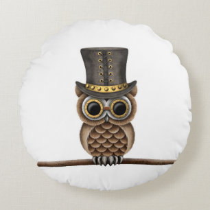 Cute Steampunk Owl op een Tak op Wit Rond Kussen