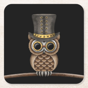 Cute Steampunk Owl op een Tak op Zwart Kartonnen Onderzetters