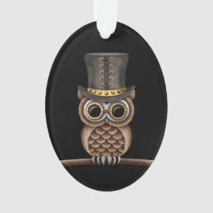 Cute Steampunk Owl op een Tak op Zwart Ornament