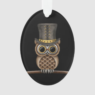 Cute Steampunk Owl op een Tak op Zwart Ornament