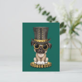 Cute Steampunk Pug Puppy Dog, blauwgroen Briefkaart (Staand voorkant)