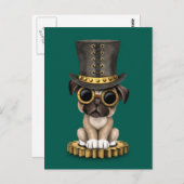 Cute Steampunk Pug Puppy Dog, blauwgroen Briefkaart (Voorkant / Achterkant)