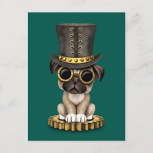 Cute Steampunk Pug Puppy Dog, blauwgroen Briefkaart