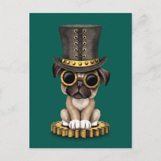 Cute Steampunk Pug Puppy Dog, blauwgroen Briefkaart (Voorkant)