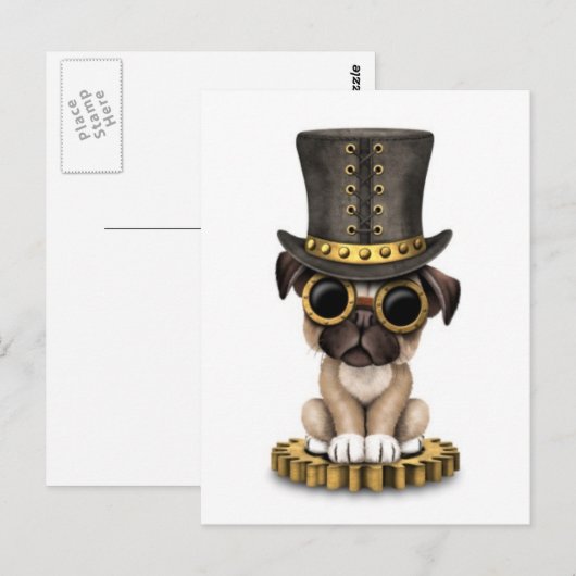Cute Steampunk Pug Puppy Dog, wit Briefkaart (Voorkant / Achterkant)