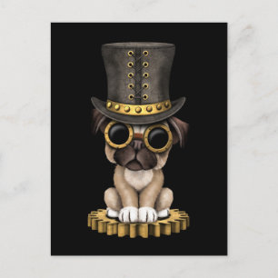 Cute Steampunk Pug Puppy Dog, zwart Briefkaart