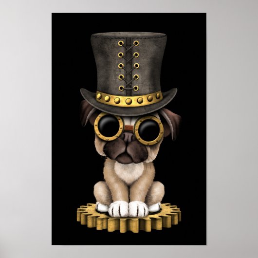 Cute Steampunk Pug Puppy Dog, zwart Poster (Voorkant)