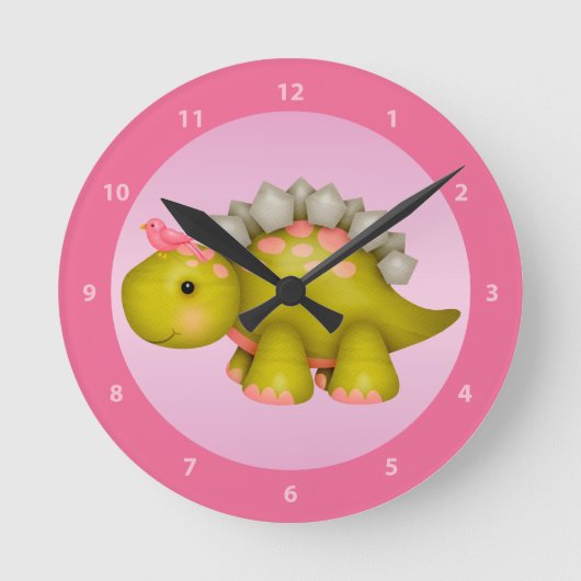 Cute Stegosaurus Dinosaur & Bird Pink Clock Ronde Klok (Voorkant)