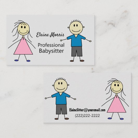 Cute Stick Boy and Girl Kinder Babysitter Visitekaartje (Voorkant / Achterkant)
