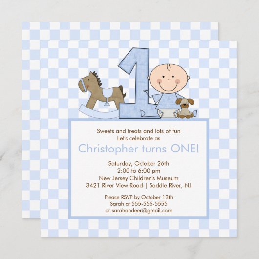 Cute Stick figuur Boy 1st Birthday Uitnodiging (Voorkant / Achterkant)