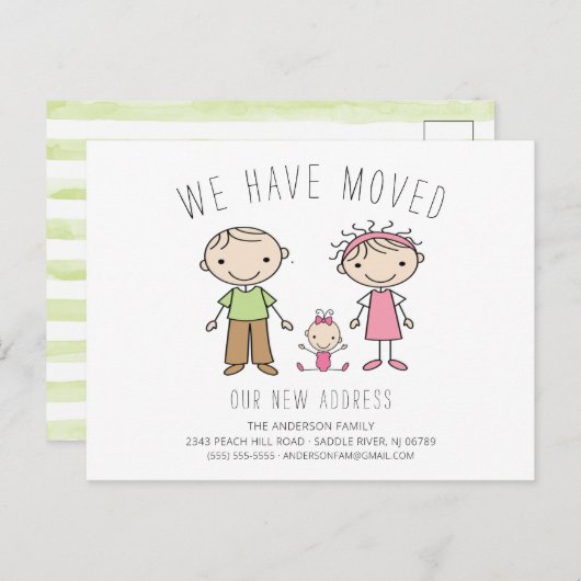 Cute Stick Figuur Familie Bewegende Aankondiging (Voorkant / Achterkant)