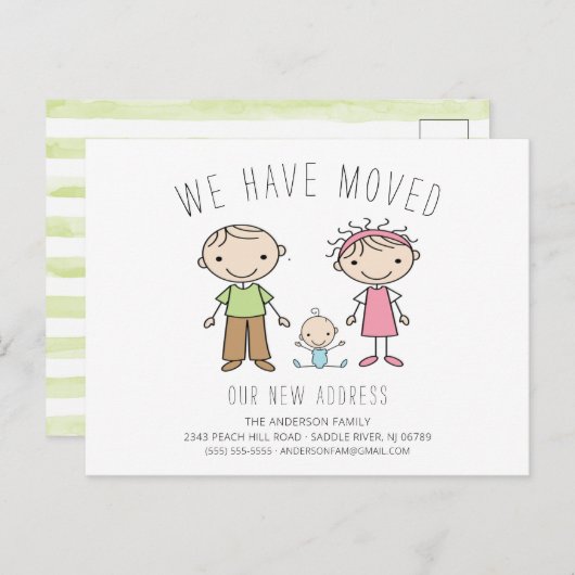 Cute Stick Figuur Familie Bewegende Aankondiging (Voorkant / Achterkant)
