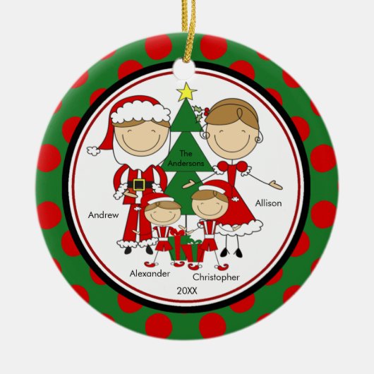 Cute Stick Figuur Familie van 4 kerstversiering Keramisch Ornament (Voorkant)