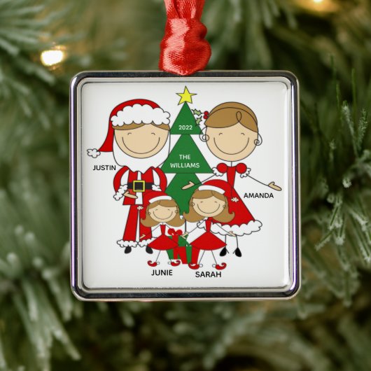 Cute Stick Figuur Familie van 4 kerstversiering Metalen Ornament (Boom)