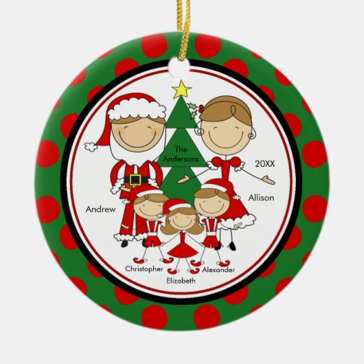 Cute Stick Figuur Familie van 5 Kerstversiering Keramisch Ornament (Voorkant)